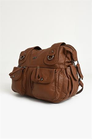 Suni Deri Çapraz Askılı Çok Bölmeli Omuz Çantası Taba (Model: 571-11-10F)