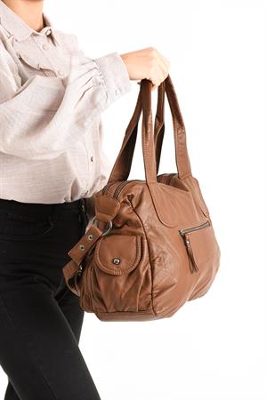 Suni Deri Çapraz Askılı Çok Bölmeli Omuz Çantası Taba (Model: 571-11-10F)
