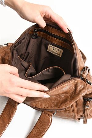 Suni Deri Çok Bölmeli Çapraz ve Omuz Çantası Taba (Model: 571-9-12FF)