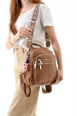 Üç Fonksiyonlu Suni Deri Sırt, Omuz, ve El Çantası Taba (Model: 571-13-17C)