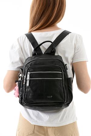 Üç Fonksiyonlu Suni Deri Sırt, Omuz, ve El Çantası Siyah (Model: 571-13-17C)