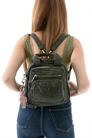 Üç Fonksiyonlu Suni Deri Sırt, Omuz, ve El Çantası Yeşil (Model: 571-13-17K)