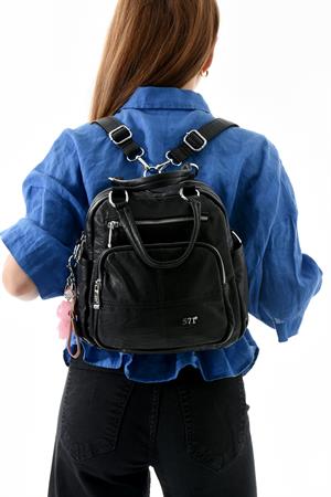 Üç Fonksiyonlu Suni Deri Sırt, Omuz, ve El Çantası Siyah (Model: 571-13-17B)