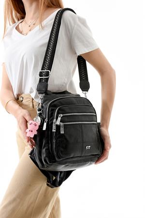 Üç Fonksiyonlu Suni Deri Sırt, Omuz, ve El Çantası Siyah (Model: 571-13-17C)