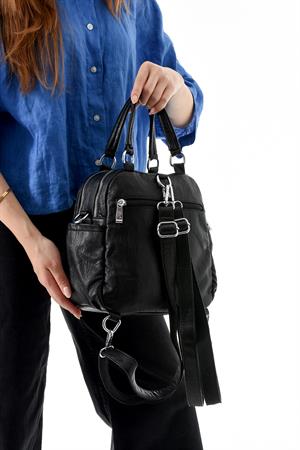 Üç Fonksiyonlu Suni Deri Sırt, Omuz, ve El Çantası Siyah (Model: 571-13-17B)