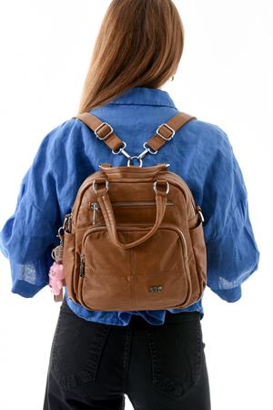 Üç Fonksiyonlu Suni Deri Sırt, Omuz, ve El Çantası Taba  (Model: 571-13-17B)