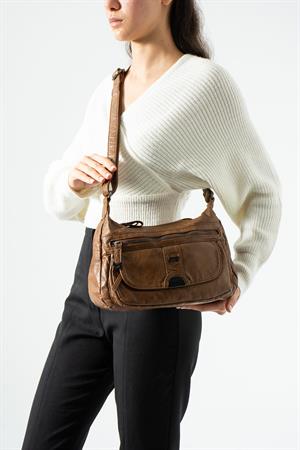 Yıkama Deri Çapraz Askılı Omuz Çantası Taba Model:(571-12Z)
