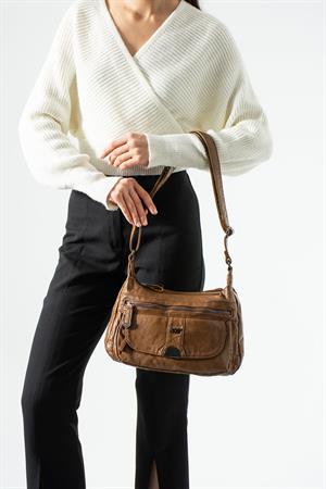 Yıkama Deri Çapraz Askılı Omuz Çantası Taba Model:(571-12Z)