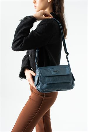 Yıkama Deri Çapraz Askılı Omuz Çantası Mavi Model:(571-13P)