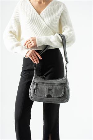Yıkama Deri Çapraz Askılı Omuz Çantası Gri Model:(571-12Z)