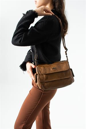 Yıkama Deri Çapraz Askılı Omuz Çantası Taba Model:(571-13P)
