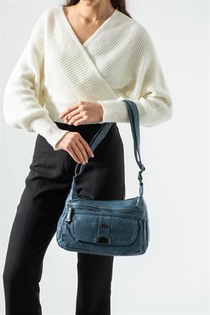 Yıkama Deri Çapraz Askılı Omuz Çantası Mavi Model:(571-12Z)