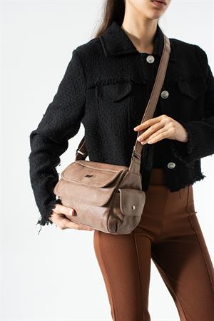 Yıkama Deri Çapraz Askılı Omuz Çantası Vizon Model:(571-13P)