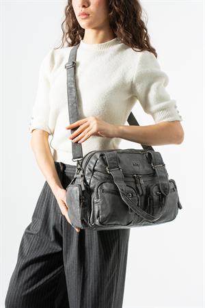 Yıkama Deri Çok Gözlü, Omuz Ve Kol Çantası Gri Model:(571-12N)