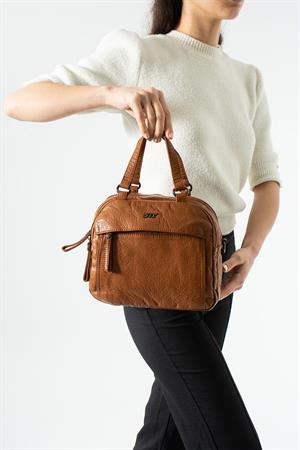 Yıkanmış Deri Çapraz Askılı, Omuz Kol Çantası Taba Model:(571-18C)