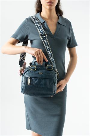 Yıkanmış Deri Çapraz Askılı, Omuz Kol Çantası Mavi Model:(571-17Y)