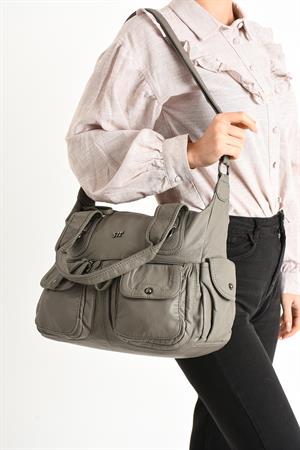 Suni Deri Çapraz Askılı Çok Bölmeli Omuz Çantası Gri (Model: 571-11-10F)