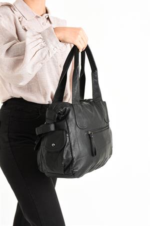 Suni Deri Çapraz Askılı Çok Bölmeli Omuz Çantası Siyah (Model: 571-11-10F)
