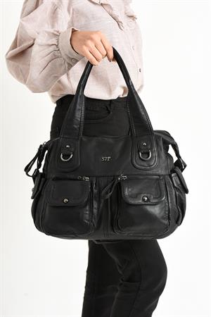 Suni Deri Çapraz Askılı Çok Bölmeli Omuz Çantası Siyah (Model: 571-11-10F)