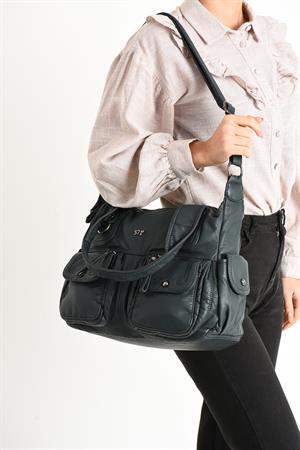Suni Deri Çapraz Askılı Çok Bölmeli Omuz Çantası Mavi (Model: 571-11-10F)
