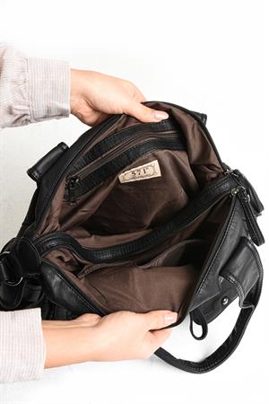 Suni Deri Çapraz Askılı Çok Bölmeli Omuz Çantası Siyah (Model: 571-11-10F)