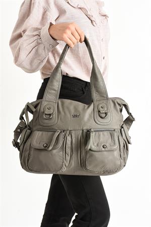 Suni Deri Çapraz Askılı Çok Bölmeli Omuz Çantası Gri (Model: 571-11-10F)
