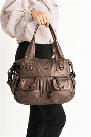 Suni Deri Çapraz Askılı Çok Bölmeli Omuz Çantası Bronz (Model: 571-11-10F)