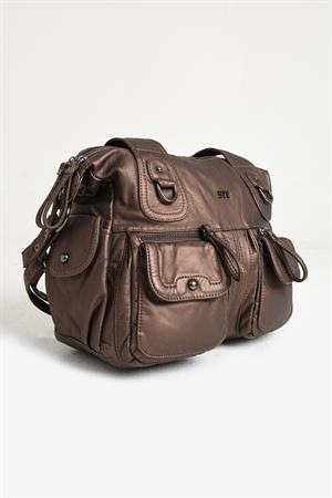 Suni Deri Çapraz Askılı Çok Bölmeli Omuz Çantası Bronz (Model: 571-11-10F)