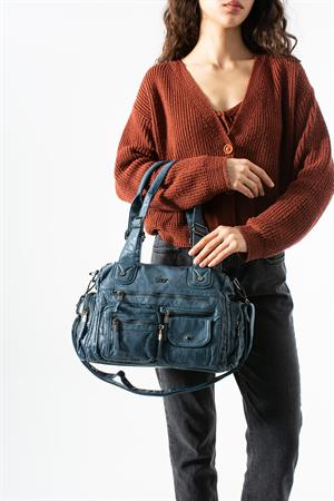 Yıkanmış Deri Çok Cepli Omuz Kol Çantası Mavi Model:(571-12P)