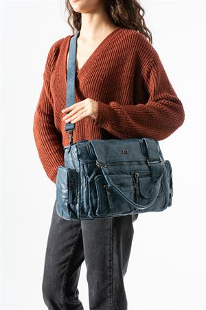 Yıkanmış Deri Çok Cepli Omuz Kol Çantası Mavi Model:(571-12P)