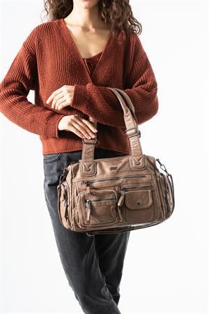 Yıkanmış Deri Çok Cepli Omuz Kol Çantası Vizon Model:(571-12P)