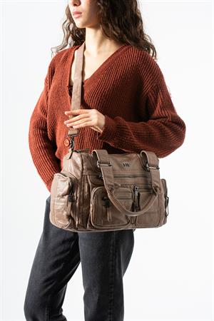 Yıkanmış Deri Çok Cepli Omuz Kol Çantası Vizon Model:(571-12P)