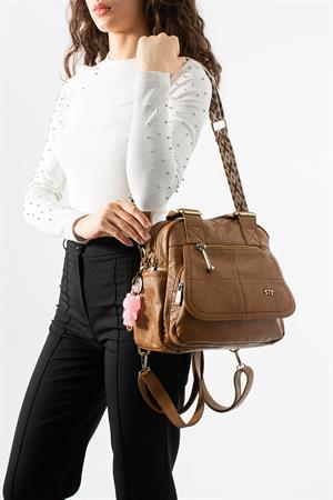 Yıkanmış Deri Çok Fonksiyonlu Sırt, Omuz, ve El Çantası Taba (Model: 571-17P)