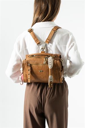 Yıkanmış Deri Çok Fonksiyonlu Sırt, Omuz, ve El Çantası Taba (Model: 571-17V)