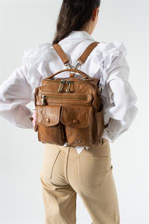 Yıkanmış Deri Çok Fonksiyonlu Sırt, Omuz, ve El Çantası Taba (Model: 571-17T)
