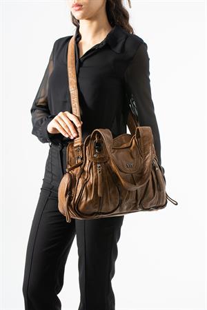 Yıkanmış Deri Çok Gözlü Omuz Çantası Taba Model:(571-12K)