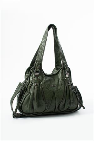 Yıkanmış Deri Çok Gözlü Omuz Çantası Yeşil Model:(571-12K)