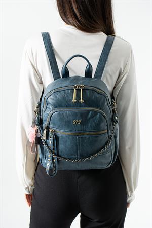 Yıkanmış Deri, Çok Gözlü, Sırt Çantası (Gündelik, Seyahat) Mavi Model: (571-14-17S)
