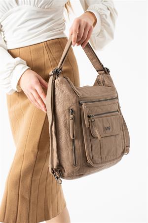 Yıkanmış Deri Hem Sırt Hem Omuz Çantası Krem Model: (571-14-18D)