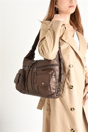 Yıkanmış Deri Hem Sırt Hem Omuz Çantası Bronz (Model: 571-9-10C) 