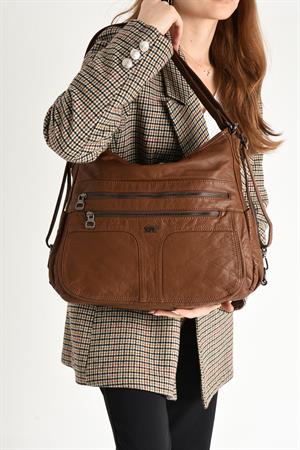 Yıkanmış Deri Hem Sırt Hem Omuz Çantası Taba (Model: 571-9-10D) 