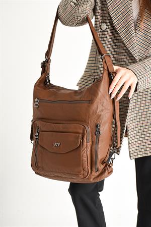Yıkanmış Deri Hem Sırt Hem Omuz Çantası Taba (Model: 571-9-10A) 