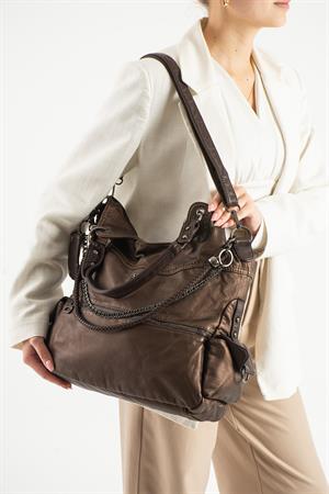 Yıkanmış Deri Omuz Çantası Bronz (Model: 571-9-10E) 