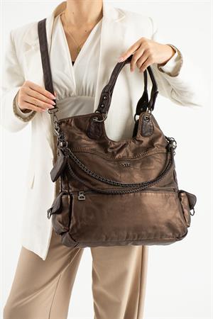 Yıkanmış Deri Omuz Çantası Bronz (Model: 571-9-10E) 