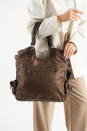 Yıkanmış Deri Omuz Çantası Bronz (Model: 571-9-10E) 