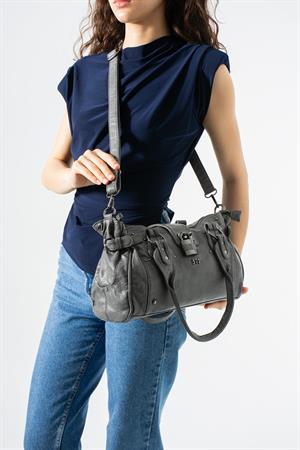 Yıkanmış Deri Omuz Kol Çantası Gri - Kilit aksesuarlı Model:(571-12S)