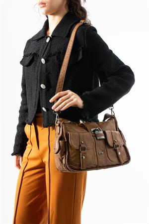 Yıkanmış Deri Omuz Kol Çantası Taba - Kilit aksesuarlı Model:(571-13S)