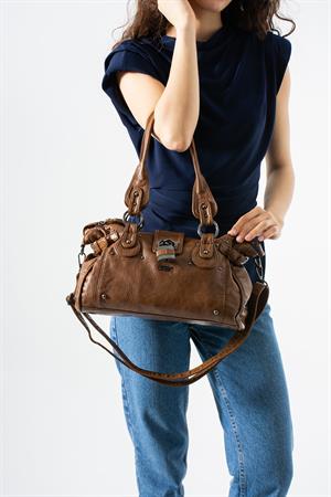 Yıkanmış Deri Omuz Kol Çantası Taba - Kilit aksesuarlı Model:(571-12S)
