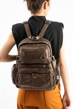 Yıkanmış Deri Sırt Çantası (Poliüretan) Bronz Model:(571-14-11G)