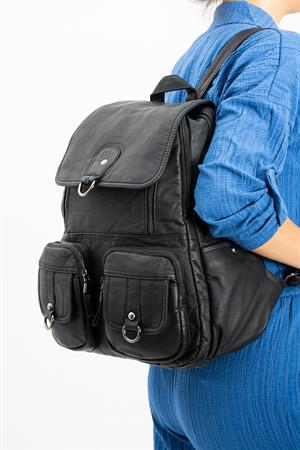 Yıkanmış Deri Sırt Çantası Siyah (Model: 571-11-11E)